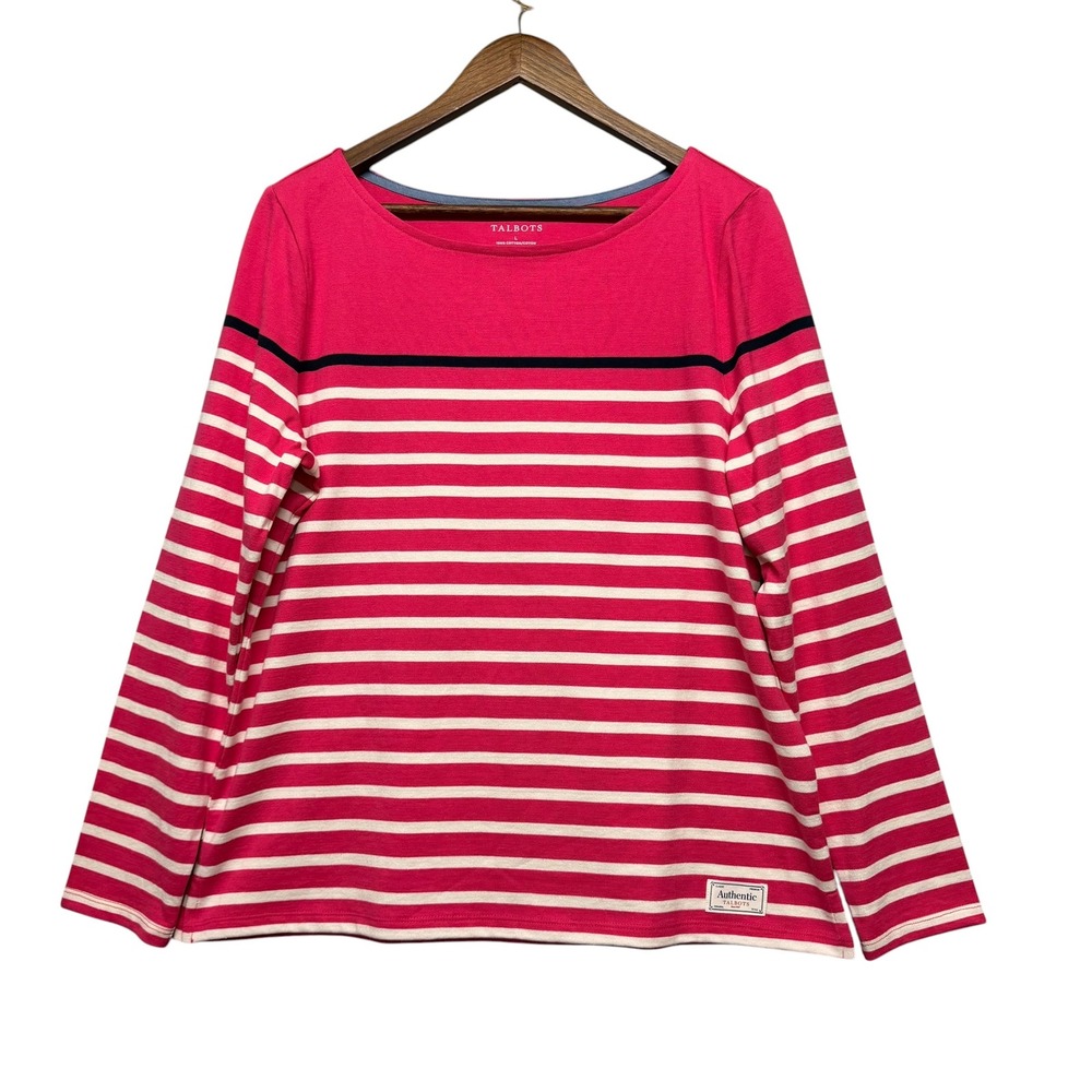 Talbots Top Women L‎ Pink Striped Long Sleeve Boat Neck Tee Basic Minimalist